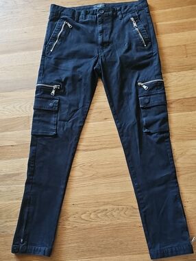 Forever 21 Black Utilty Cargo Pants Silver Zippers Mens 32" Waist X 31" Inseam